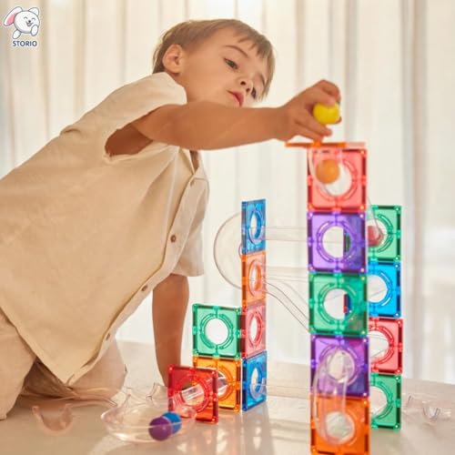 Image of Storio 3D Magnetic Tiles Building Blocks with Ball Runner Tunnels - 75 Pcs | Magnetic Construction Set for Kids 3-8 Years | STEM Educational Toy | Creative Brain Development Gift for Boys & Girls