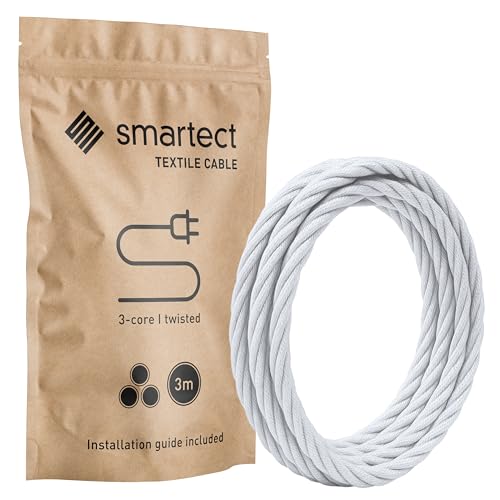 smartect Cable Textil Trenzado en Color Blanco, Cable Electrico 3 Hilos de 3 Metros (3 x 0,75 mm²) Cuerda para Lampara con Revestimiento Textil para su Proyecto DIY