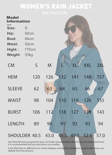 ATLASLAVA Regenjacke Damen Lang Wasserdicht Kapuze Regenmantel übergangsjacke Trenchcoat Outdoor Mantel Petrolblau M