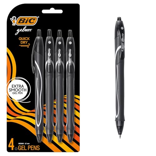 BIC Gelocity Quick Dry Black Gel Pens, Medium Point (0.7mm), 4-Count Pack, Retractable Gel Pens With Comfortable Full Grip
