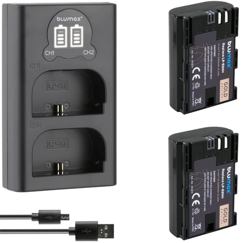 2X Batería Blumax Gold Compatible con Canon LP-E6NH (2250mAh) con Infochip - Sensor NTC y Carcasa V1 + Cargador Doble Delgado - Compatible con Canon EOS-R RA R6 R5 R5c R7