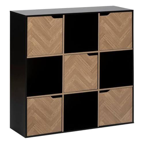 5 five simply smart 5five - Étagère 9 Cases 5 Portes Chevrons - Effet Bois et Noir - Forme Cube - Rangement Utile et Pratique - Salon, Bureau, Chambre