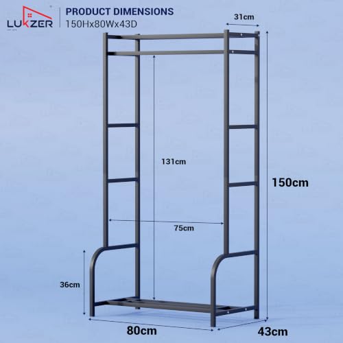 Image of Lukzer Metal Cloth Stand with Bottom Shelf | Freestanding Garment Stand for Hanging Clothes, Towels & Shoes | DIY Storage Organizer Rack for Bedroom, Laundry, Balcony & Entryway (Black /80x150x43 cm)