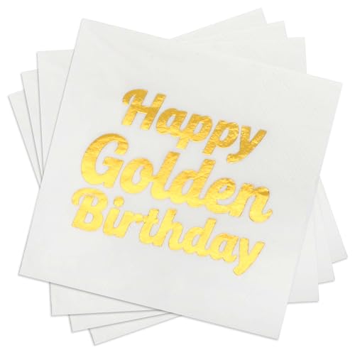 50pcs 3 Layers Happy Golden Birthday Party Supplies,5 x 5 In Paper Napkins,for 21st 24th 25th 28th 30th Golden Birthday Party Decorations
