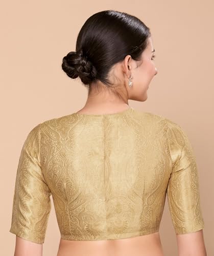 Image of Studio Shringaar Women Brocade Silky Jewel Neck Readymade Elbow Length Sleeve Saree Blouse