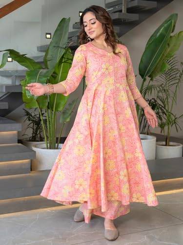 Image of Arayna Women's Pure Cotton Hand Block Floral Printed Ethnic Kurta Set with Palazzo Pants