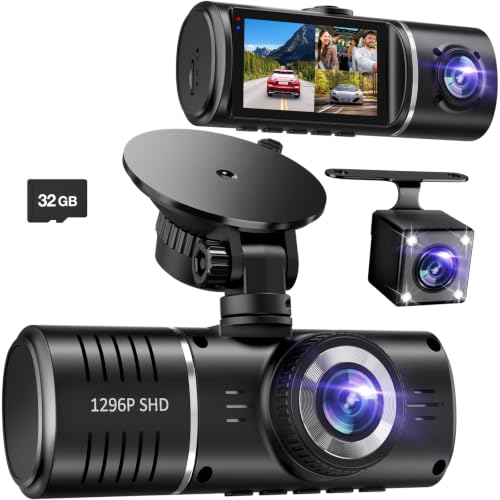 Dash Cam Front and Rear, 1080P Dash Camera for Cars, 3 Channel Car Camera Front Rear and Inside with 32GB Card, Loop Recording, Night Vision, HDR, 24Hr Parking, G-Sensor