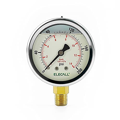 ELECALL Liquid Pressure Test Gauge Meter, 0-200 Psi,1/4â€ NPT Lower Mount, Stainless Steel Case, Brass Internals, Faint Yellow Silicone Oil Filled for Water Air Gas