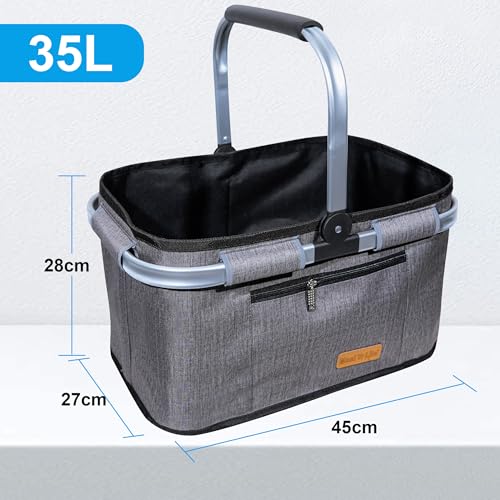 ABIUBIU 35L Einkaufskorb Großer Picknickkorb mit gepolsterten Griffen Praktischer Faltbarer Korb Einkaufstasche mit Aluminiumrahmen Stabiler Korb Reisen/Picknick/Einkaufen