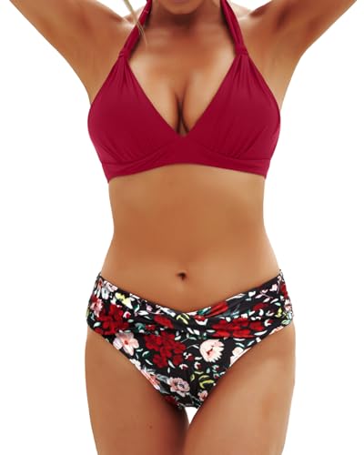 Image of Yonique Women Two Piece Bathing Suits Push Up Bikini Set Halter Swimsuit Vintage Swimwear Red and Floral XL