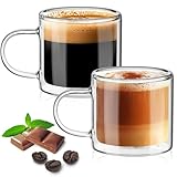TKNO 2 Pack 280ml Double Walled Glass Tea Cups – Insulated Clear Coffee Mugs with Handles, Borosilicate Espresso & Latte Cup Set, Heat Resistant, Dishwasher Safe
