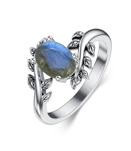 DOLIOX Genuine Labradorite Ring for Women Western Oval Gemstone Jewelry 925 Sterling Silver Leaf Bohemian Boho for Her Wife Mom Size 10