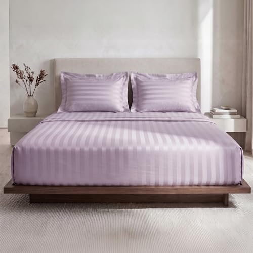Image of LANE LINEN 100% Cotton Super King Bedsheet with 2 Pillow Cases | Damask Stripe 3pc Bedding Set- 2.74M x 2.74M | Breathable & Comfortable Fabric | Oeko-TEX Certified - Lilac