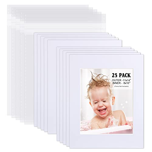 Egofine Pack Of 25 White Pre-Cut Mat Board 11X14 Picture Mat For 8X10 Photo With White Core Bevel Cut Mattes Sets. Includes 25 High Premier Acid Free Mats &Amp; 25 Backing Board &Amp; 25 Clear Bags