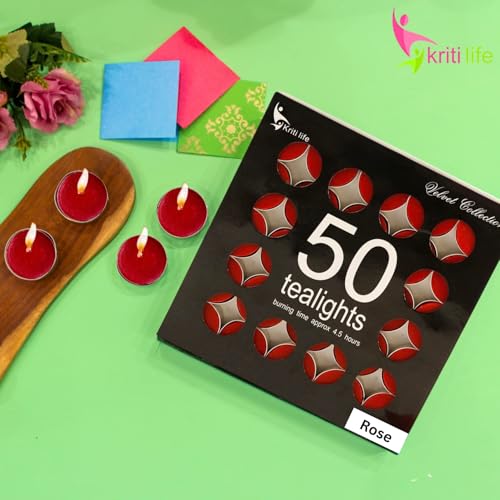 Image of Kriti Life Rose Scented Tealight Candles - 100% Paraffin Wax, Smokeless, Long Burn Time (4.5 Hours), Dripless Red Candles for Home Decor, Diwali, Weddings & Meditation - Set of 50