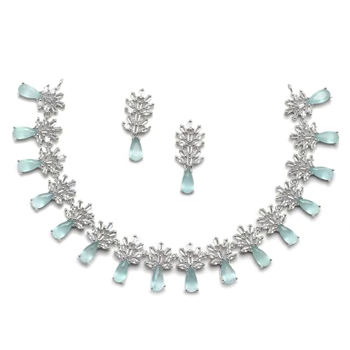 Image of ZENEME Rhodium-Plated American Diamond Necklace Set with Earrings for Girls Silver Toned Floral AD Jewellery Set For Womens