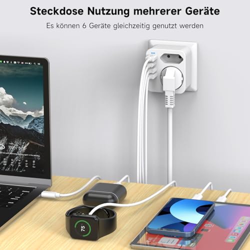 Mehrfachsteckdose mit 4 USB Ports, Mehrfachstecker für Steckdose mit 2 Fach Stecker, Steckdosenadapter mit USB C Port… – Ansicht 5