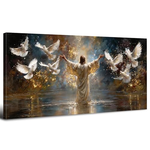 Extra Large Jesus Canvas Wall Art for Living Room Christianity Picture Prints Christian Poster Prayer Room Watercolor Abstract Jesus Walking on Water Painting Religious Artwork Home Decoration 35x70”