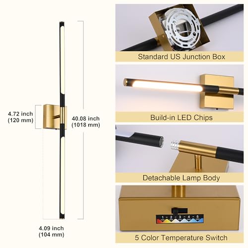 Image of TODOLUZ 40-Inch 5CCT 22W LED Bathroom Light Fixture, 2700K-5500K Wall Sconce Vanity Lighting with Rotatable Lamp Tube, Black & Brushed Brass