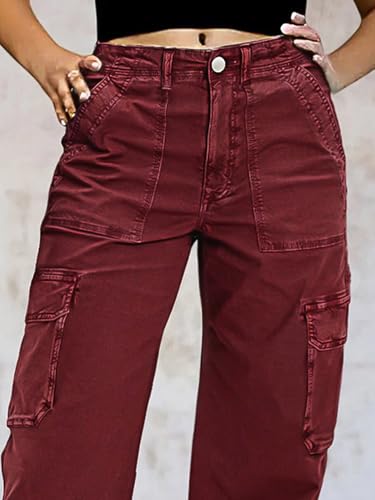 Flamingals Straight Leg Pants for Women Mid Rise Casual Vintage Patch Pockets Solid Pants3