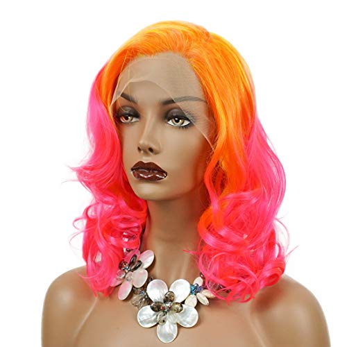 Wiginway Orange Pink Synthetic Lace Front Wig With Side Parting 14 Inch Drag Queen Wavy Wig Ombre Short Bob Wigs For Black Women #TOP3