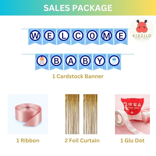 Image of 57 Pcs Welcome Baby Boy Decoration Kit | Balloons, Banner, Curtains, Foils, Stars, Hearts, Ribbon & Confetti for Baby Shower & Newborn Celebration Set 16