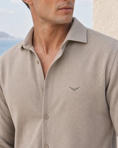 Image of Nobero Textured Popcorn Shirt for Men | Cotton Shirts for Men in 280 GSM Popcorn Knit | Stand Collar | Regular Fit | Full Sleeve