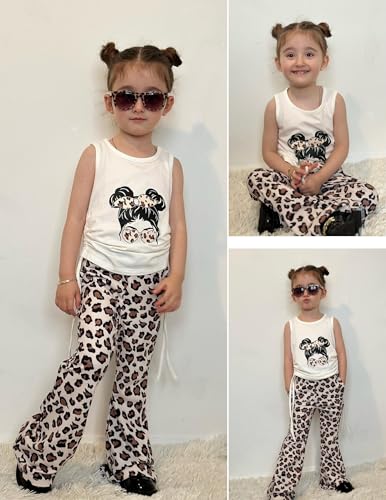 Image of Arshiner Toddler Girl Clothes 2 Piece Outfits Side Adjustable Drawstrings Tank Tops and Flare Leggings Pant Set