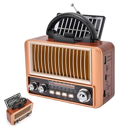 Poste Radio Vintage, Radio Rétro Portable, Radio Portable avec Bluetooth, Haut-Parleur Bluetooth AM/FM/SW, Batterie Rechargeable et Panneau Solaire, pour Randonnée, Camping, Chambre ou Le Bureau.
