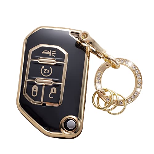 Gematay for Jeep Key Fob Cover with Keychain, Key Shell Cover Compatible with 2018 2019 2020 2021 2022 2023 2024 2025 2026 Wrangler JL Gladiator Sahara Smart Key Fob, Black