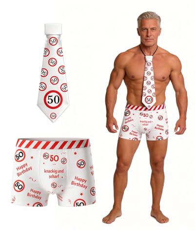 WenmthG Geschenk für 50 Geburtstag Mann - 50 Geburtstag Männer Boxershorts und Krawatte rot-weißes Design mit Verkehrsschildern und Lustige Sprüche - 50 Jahre Geschenk