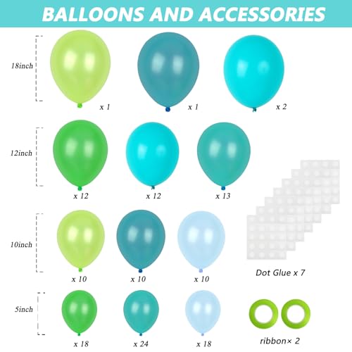 image for RUBFAC 129pcs Blue Green Balloons Different Sizes 18 12 10 5 Inch for 