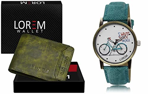 Image of LOREM Green Color Faux Leather Wallet & White Analog Watch Combo for Men & Women | WL27-LR229