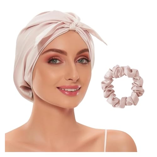 DJJSDMY Silk Bonnet Mulberry Silk Bonnet Hat Scruchies Set Solid Color Silk Turban Hat for Women Soft Sleeping Night Cap Satin Cap(Pink)