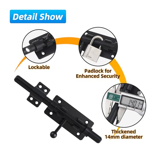 Image of Barrel Bolt Latch, 7.9 inch Heavy Duty Gate Latch Slide Lock Solid 304 Stainless Steel Bolt Lock for Inside Door, Finished Shed Door Latch (Black)