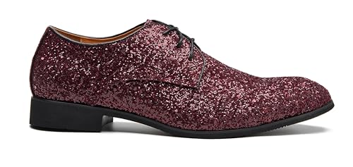 Image of Men's Glitter Oxford Dress Shoes Loafer Burgundy, Lace-up Design,Sparkly Glitter Encrusted for Wedding Prom Black Golden Silver Wine red