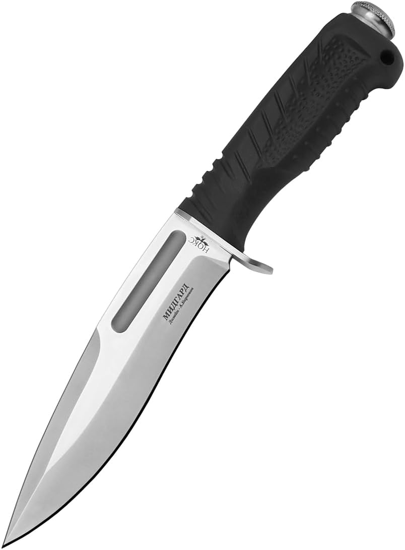 HOKC Midgard | 613-188851 | Hunting Knife, Tactical Knife by Official Dealer - Designed by Russian Master Aleksander Biryukov - Advanced Guard, TPR Handle, Extended Tang, Hammer Pommel, Long and Durable AUS8 Stainless Steel, Satin Finished - Ideal for Camping & Hunting
