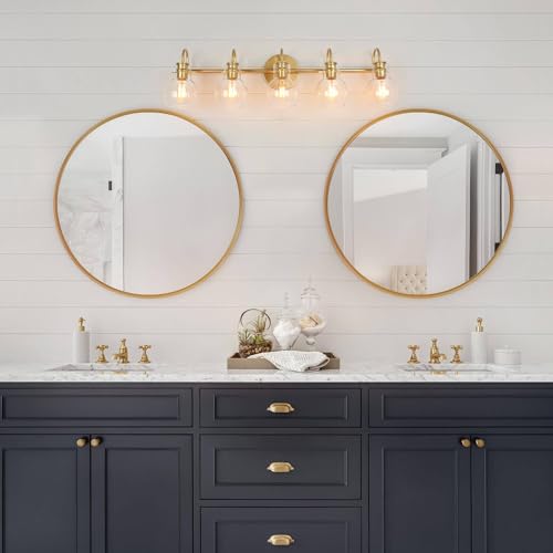 Image of KSANA Bathroom Vanity Light, 5-Light Large Gold Wall Light Fixtures, Modern Vanity Lights Over Mirror with Globe Clear Glass Shades