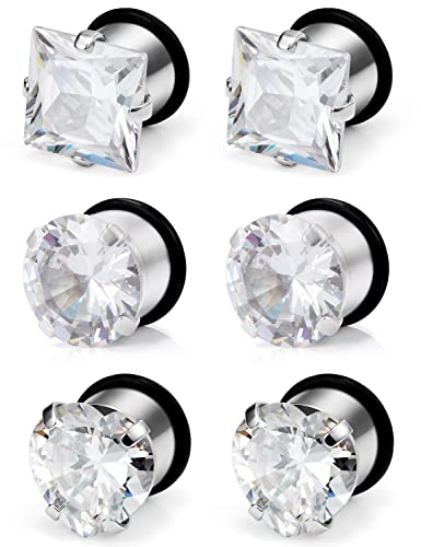 Vsnnsns 8G 6G 4G 2G 0G 1/2 inch Stainless Steel Ear Gauges - Round, Square, Heart, Cubic Zirconia - 3mm to 12mm - Silver, 3 Pairs