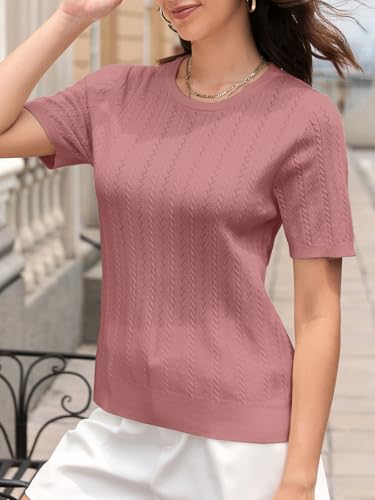 Image of SANGTREE Women's Cable Knit Half Sleeve Sweaters, Crew Neck Solid Color Knitted Summer Pullover Tops