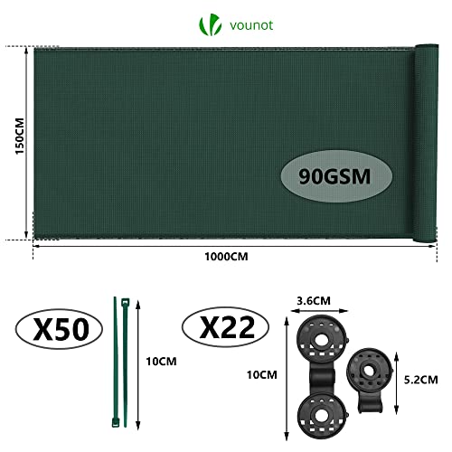 VOUNOT® Zaunblende 1.5×10m, Sichtschutz Zaun HDPE Schattiernetz, Windschutz UV-resistent Reißfest, 75% Beschattungsgrad, mit Löcher, Spezialclipund und Kabelbinder, Grün