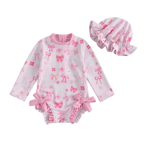 Trajes de baño recién nacidos para bebé niña de una pieza traje de baño con cremallera Rash Guard traje de baño con gorro de natación de manga larga traje de baño para bebé Kawaii Swimsuit 0-3 años,