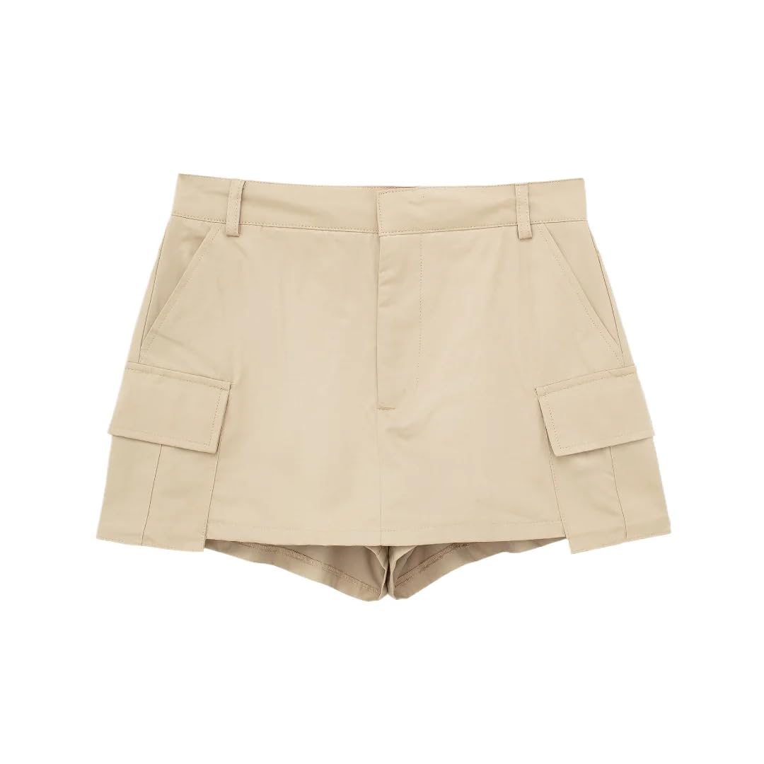 Pantalones cortos de cintura alta para mujer, caqui, M
