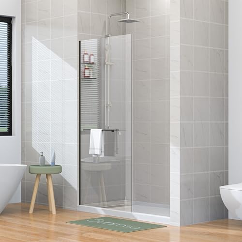 Sunrosa Frameless Glass Shower Panel 34\"×72\", Fixed Shower Glass Panel with Shelves in Matte Black, 3/8\" Tempered Glass Shower Screen for Walk in Shower