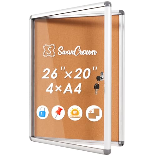 SWANCROWN Enclosed Bulletin Board Tamper-Proof Cork Noticeboard Secure Information Board with Acrylic Door 26x20inch (4xA4)