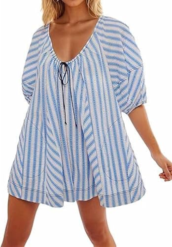 THUCHENYUC Womens Striped Romper Puff Sleeve Mini Dress, V Neck Short Jumpsuit Beach Vacation Outfits With Pockets(Blue,XX-Large)