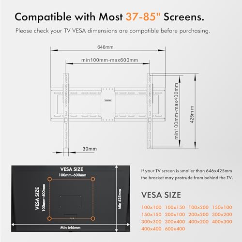 VonHaus Tilt TV Wall Bracket for 37-85" Screens, Tilting Flat to Wall Mount with Quick Release Straps, 75kg Capacity, Max VESA: 400x600mm, for Curved and Flat TV's - Image 2