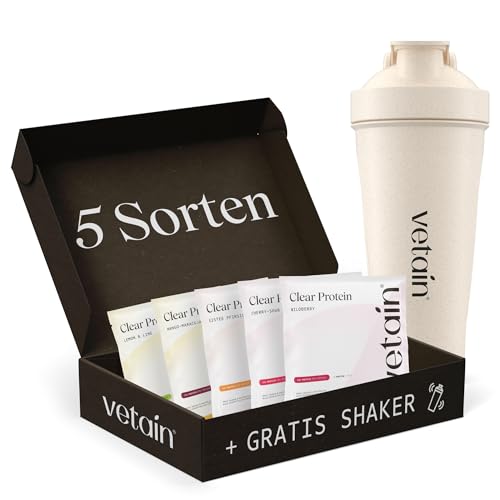 VETAIN Clear Protein Vegan Probenpaket + GRATIS Shaker - 5 x 30g - 22g Protein & 98 kcal pro Portion - ohne Allergenen & Sucralose - erfrischend & leicht löslich - produziert in Deutschland
