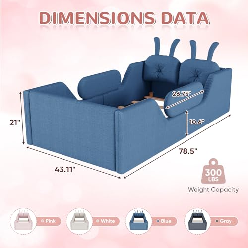 Image of Twin Size Kids Bed with Rabbit Cushions, Upholstered Boucle Fabric Platform Floor Twin Daybed with Removable Side Rail, Space-Saving Wooden Corner Sofa Couch Bed Frame for Girls, Boys, Teenager(Blue)