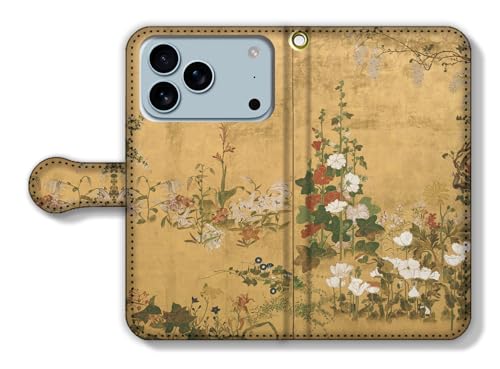 手帳型 iPhone17 Pro互換 スマホケース 【日本の名画】 琳派 ☆日本画☆ 江戸 和 絵画 芸術 アート art (渡辺始興 草花図屏風)